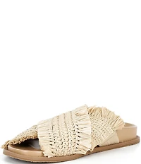 Michael Kors Peyton Woven Raffia Fringed Cross Band Flat Slide Sandals