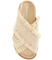 Michael Kors Peyton Woven Raffia Fringed Cross Band Flat Slide Sandals