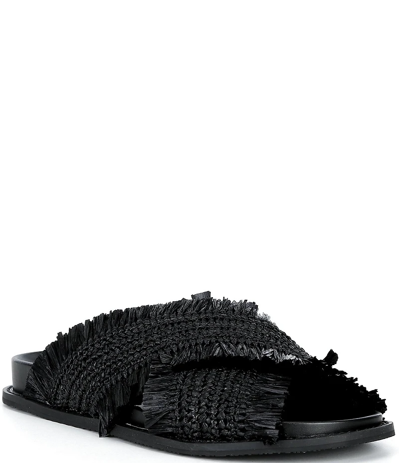 Michael Kors Peyton Woven Raffia Fringed Cross Band Flat Slide Sandals