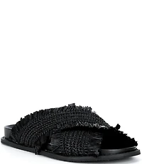 Michael Kors Peyton Woven Raffia Fringed Cross Band Flat Slide Sandals
