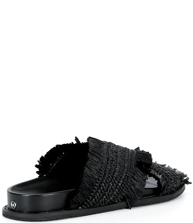 Michael Kors Peyton Woven Raffia Fringed Cross Band Flat Slide Sandals