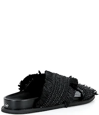 Michael Kors Peyton Woven Raffia Fringed Cross Band Flat Slide Sandals