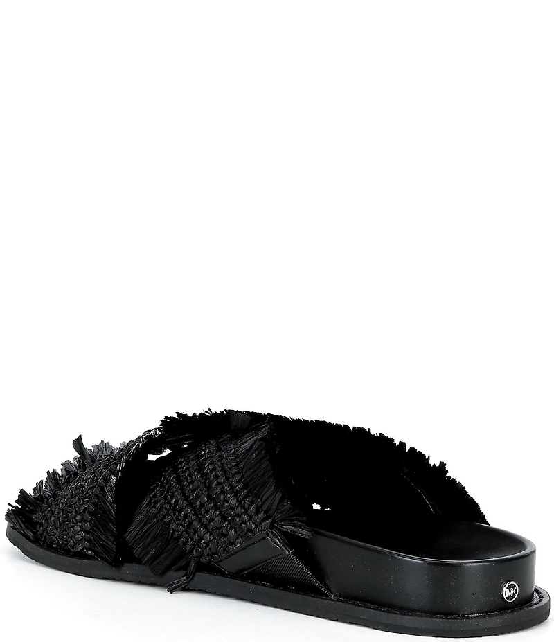 Michael Kors Peyton Woven Raffia Fringed Cross Band Flat Slide Sandals