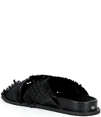 Michael Kors Peyton Woven Raffia Fringed Cross Band Flat Slide Sandals
