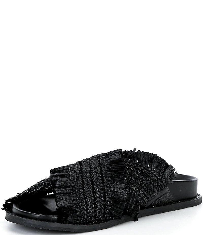 Michael Kors Peyton Woven Raffia Fringed Cross Band Flat Slide Sandals