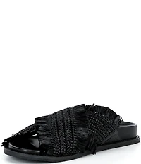 Michael Kors Peyton Woven Raffia Fringed Cross Band Flat Slide Sandals