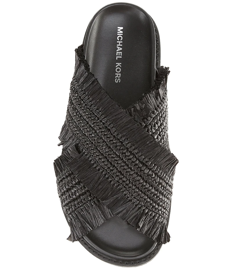 Michael Kors Peyton Woven Raffia Fringed Cross Band Flat Slide Sandals