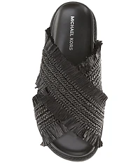 Michael Kors Peyton Woven Raffia Fringed Cross Band Flat Slide Sandals