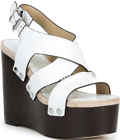 Michael Kors Raven Leather Ankle Wrap Wedge Sandals