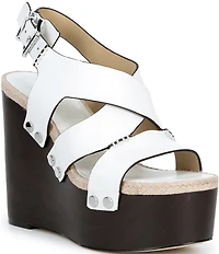 Michael Kors Raven Leather Ankle Wrap Wedge Sandals