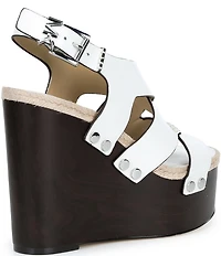 Michael Kors Raven Leather Ankle Wrap Wedge Sandals