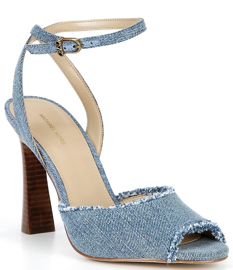 Michael Kors Rosie High Frayed Denim Ankle Strap Peep Toe Sandals