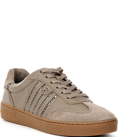 Michael Kors Scotty Leather and Suede Rhinestone Embellished Lace Up Sneakers