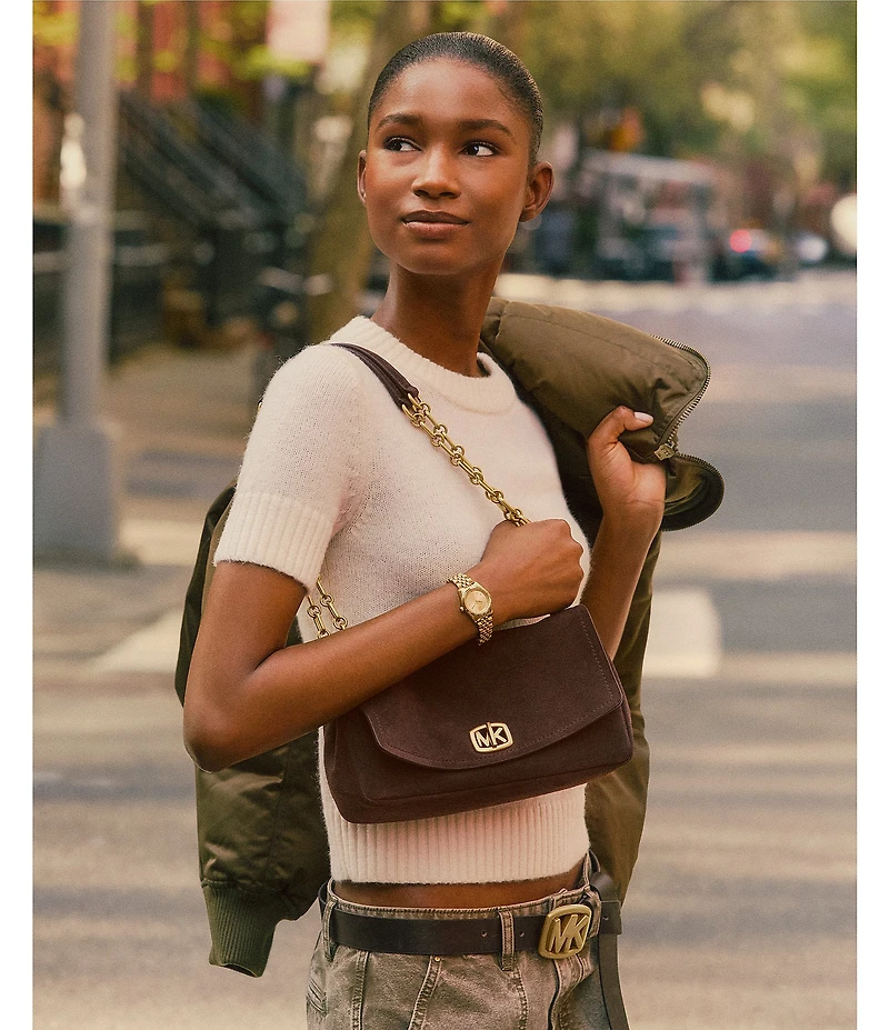 Michael Kors Suede Small Bryant Turnlock Convertible Chain Shoulder Bag