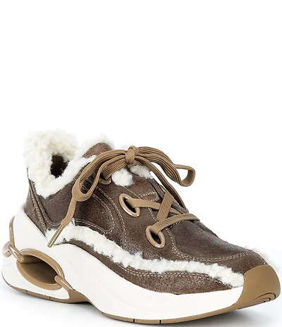 Michael Kors Toni Distressed Leather and Faux Shearling Trainer Wedge Sneakers