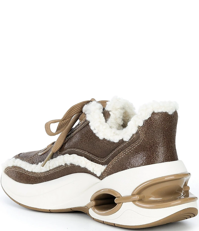 Michael Kors Toni Distressed Leather and Faux Shearling Trainer Wedge Sneakers
