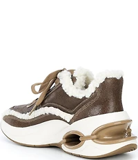 Michael Kors Toni Distressed Leather and Faux Shearling Trainer Wedge Sneakers
