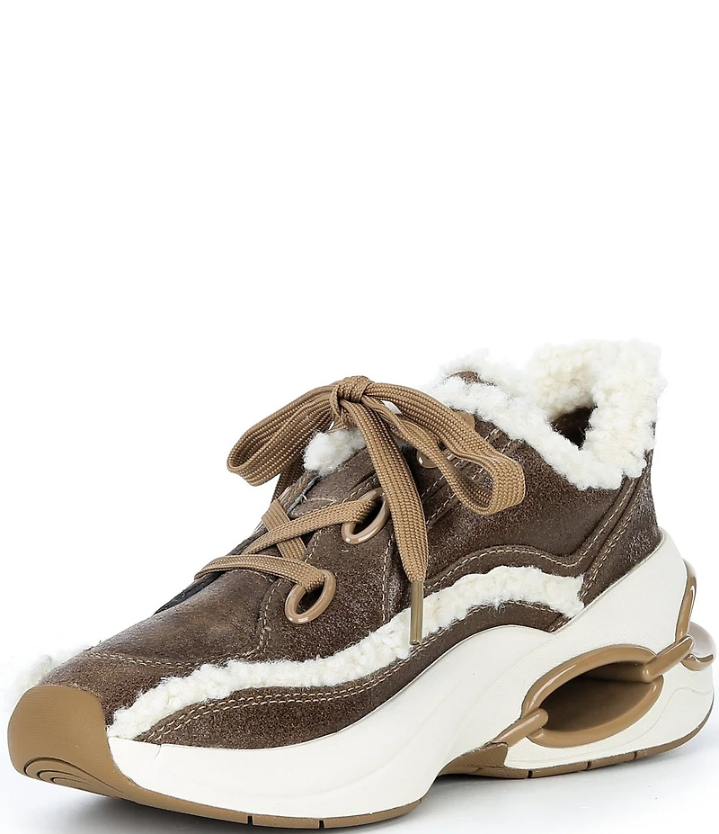 Michael Kors Toni Distressed Leather and Faux Shearling Trainer Wedge Sneakers
