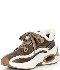 Michael Kors Toni Distressed Leather and Faux Shearling Trainer Wedge Sneakers
