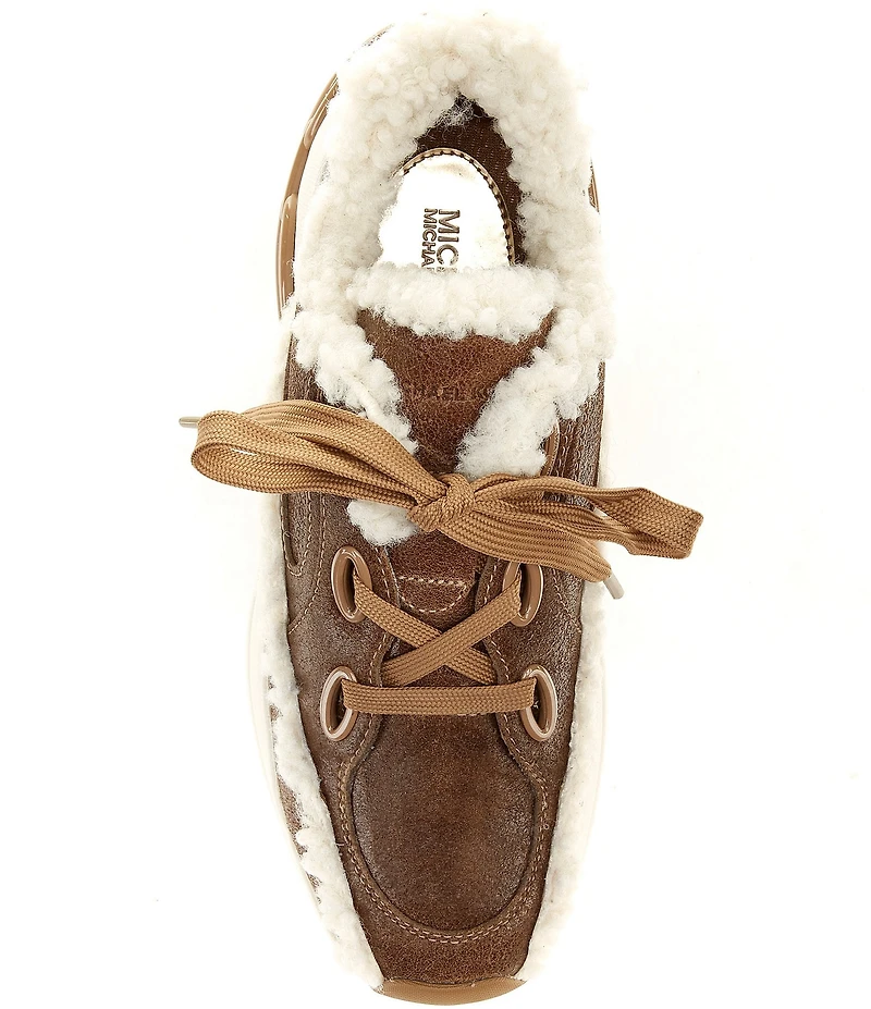 Michael Kors Toni Distressed Leather and Faux Shearling Trainer Wedge Sneakers