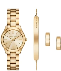 Michael Kors Women's Slim Runway Quartz Three Hand Stainless Steel Bracelet Watch Gift Set
