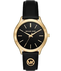 Michael Kors Women's Slim Runway Three-Hand Black Leather Watch