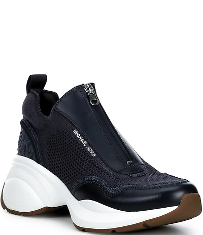 Michael Kors Zuma Stretch Knit Logo Print Zip Slip On Wedge Sneakers