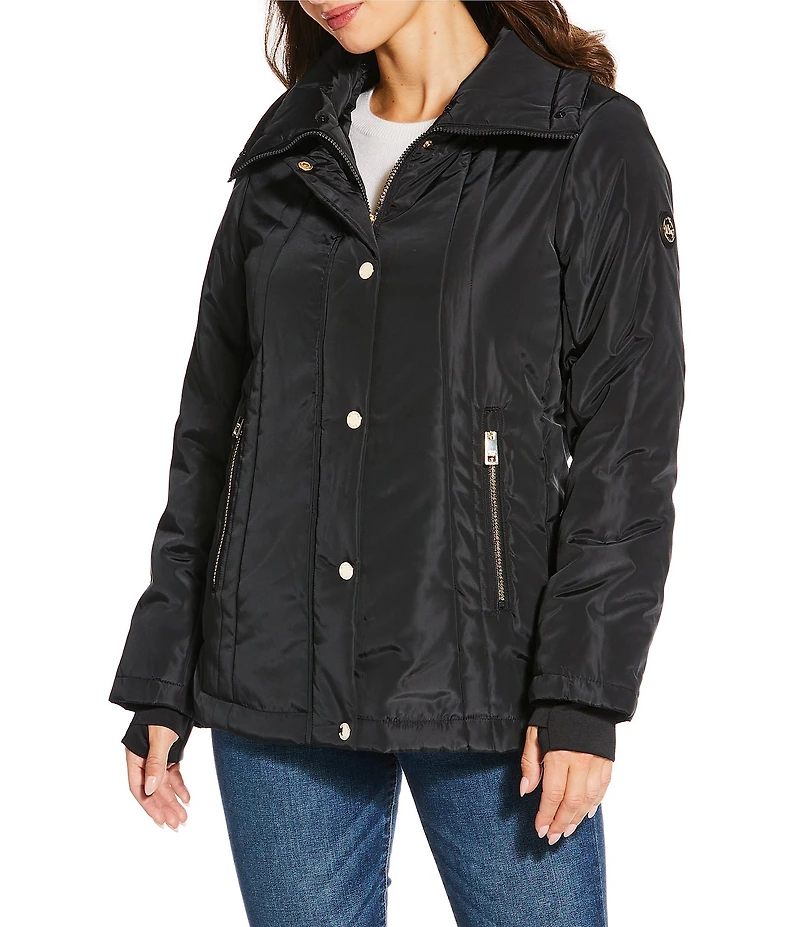 MICHAEL Michael Kors Faux Fur Stand Collar Long Sleeve Water Resistant Snap Front Active Jacket