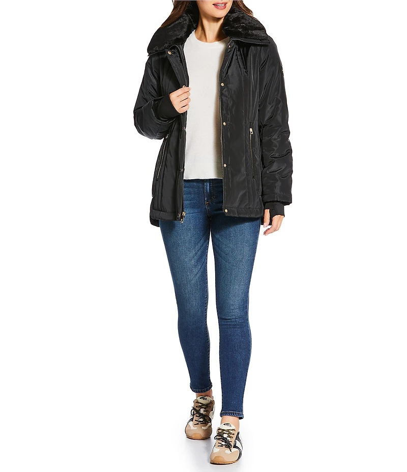 MICHAEL Michael Kors Faux Fur Stand Collar Long Sleeve Water Resistant Snap Front Active Jacket
