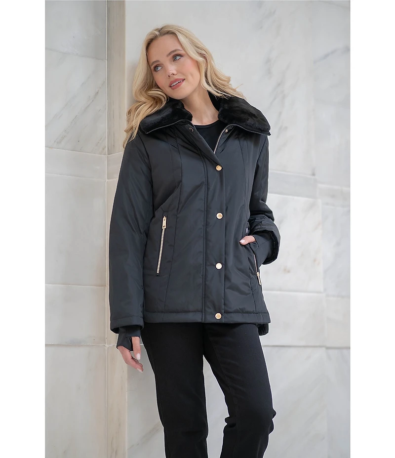 MICHAEL Michael Kors Faux Fur Stand Collar Long Sleeve Water Resistant Snap Front Active Jacket