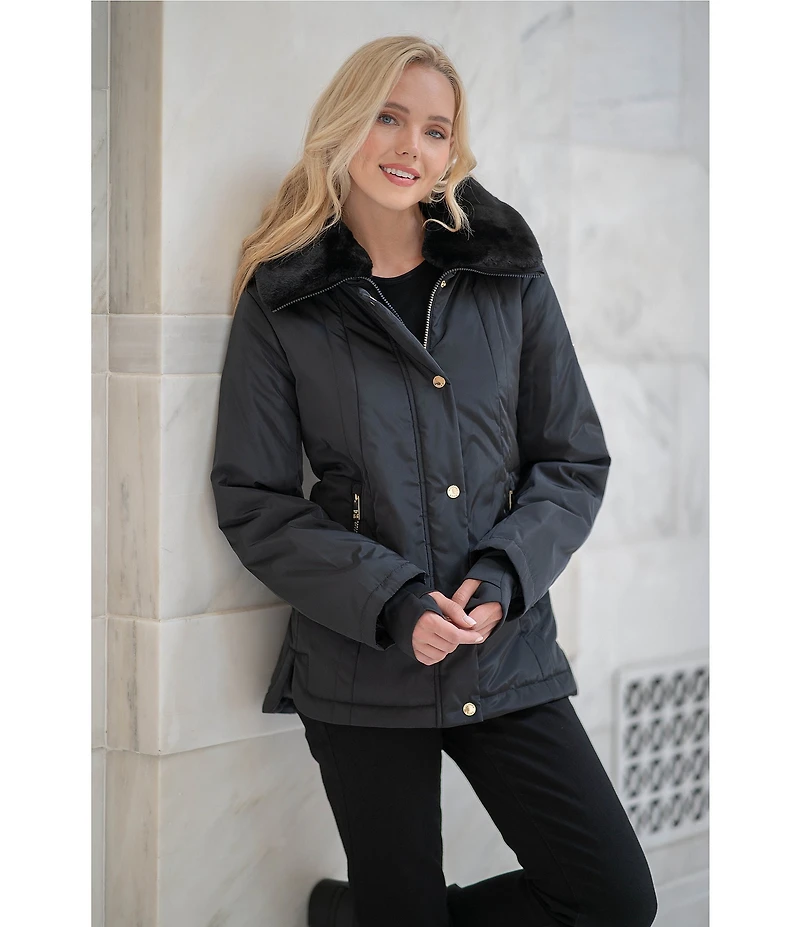 MICHAEL Michael Kors Faux Fur Stand Collar Long Sleeve Water Resistant Snap Front Active Jacket