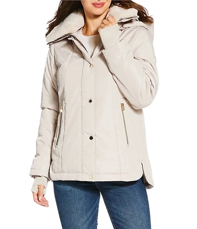 MICHAEL Michael Kors Faux Fur Stand Collar Long Sleeve Water Resistant Snap Front Active Jacket