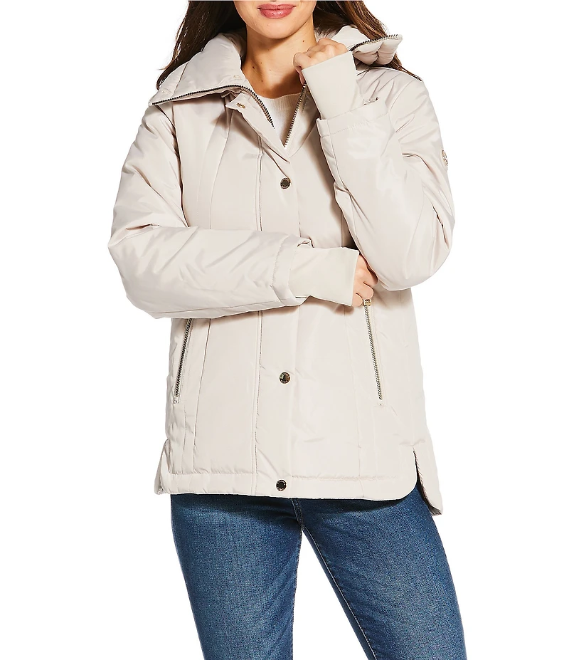 MICHAEL Michael Kors Faux Fur Stand Collar Long Sleeve Water Resistant Snap Front Active Jacket