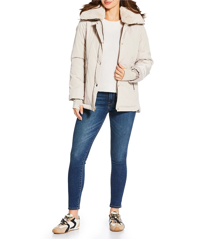 MICHAEL Michael Kors Faux Fur Stand Collar Long Sleeve Water Resistant Snap Front Active Jacket