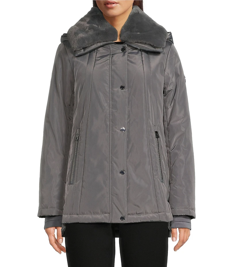 MICHAEL Michael Kors Faux Fur Stand Collar Long Sleeve Water Resistant Snap Front Active Jacket