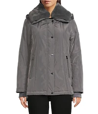 MICHAEL Michael Kors Faux Fur Stand Collar Long Sleeve Water Resistant Snap Front Active Jacket