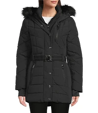MICHAEL Michael Kors Faux Fur Strip Hooded Stand Collar Snap Front Active Jacket