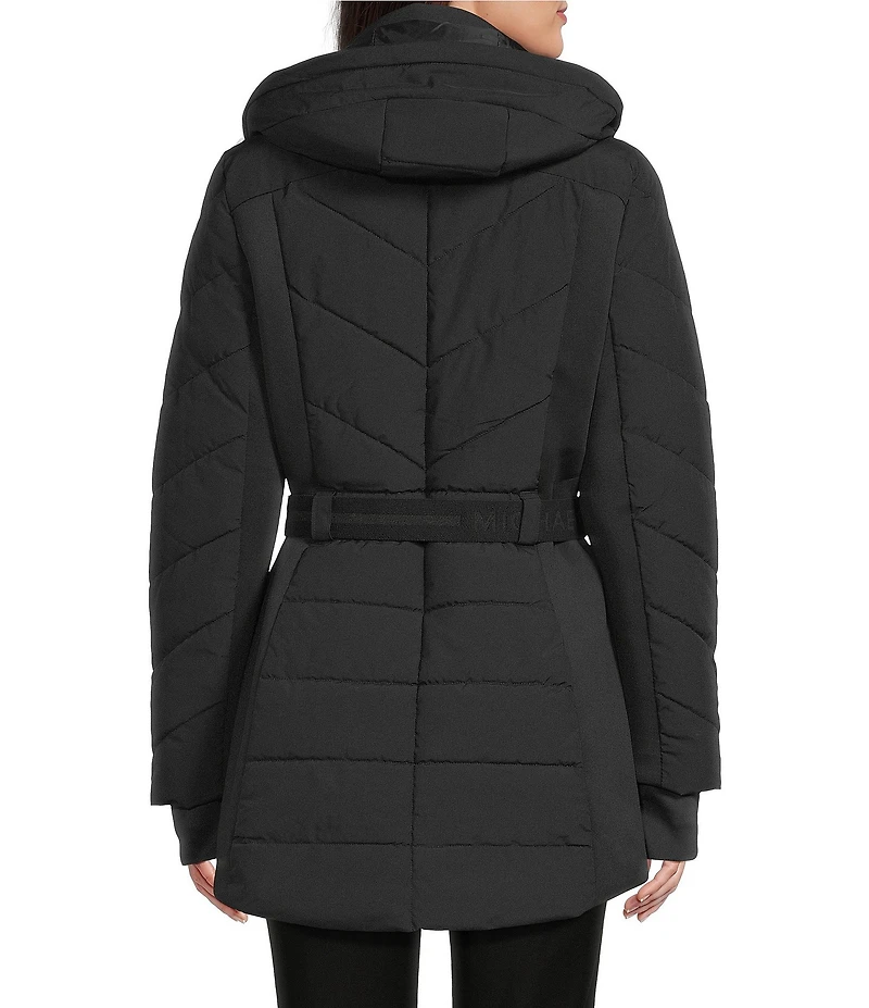 MICHAEL Michael Kors Faux Fur Strip Hooded Stand Collar Snap Front Active Jacket