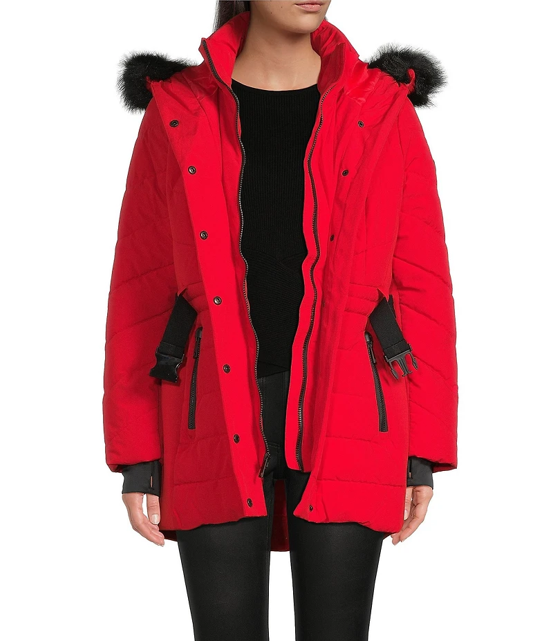 MICHAEL Michael Kors Faux Fur Strip Hooded Stand Collar Snap Front Active Jacket