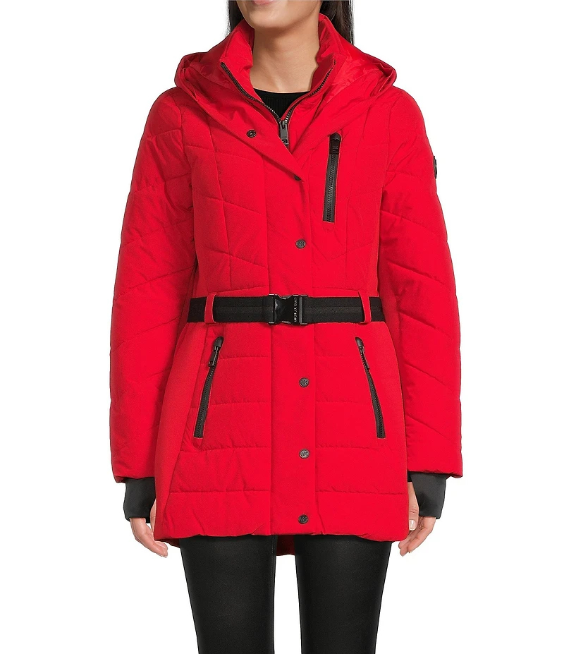 MICHAEL Michael Kors Faux Fur Strip Hooded Stand Collar Snap Front Active Jacket