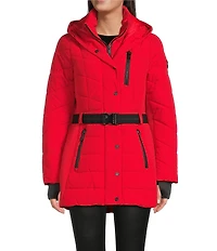 MICHAEL Michael Kors Faux Fur Strip Hooded Stand Collar Snap Front Active Jacket
