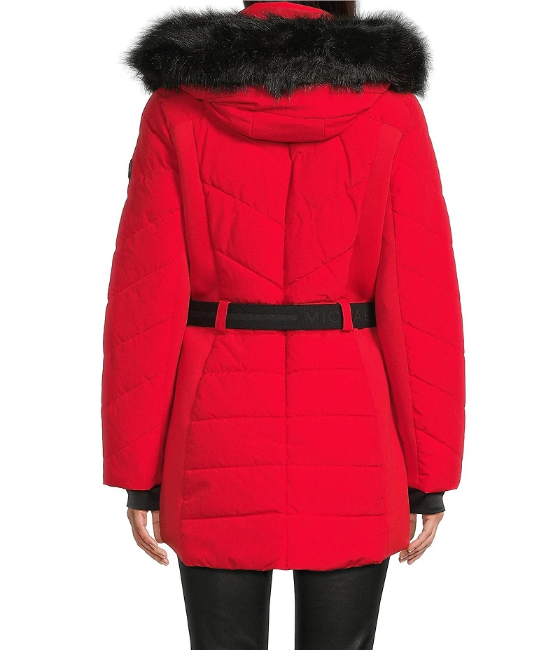 MICHAEL Michael Kors Faux Fur Strip Hooded Stand Collar Snap Front Active Jacket