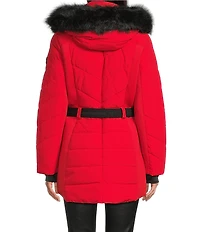MICHAEL Michael Kors Faux Fur Strip Hooded Stand Collar Snap Front Active Jacket