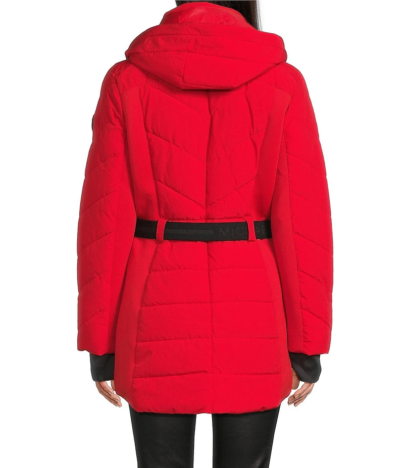 MICHAEL Michael Kors Faux Fur Strip Hooded Stand Collar Snap Front Active Jacket