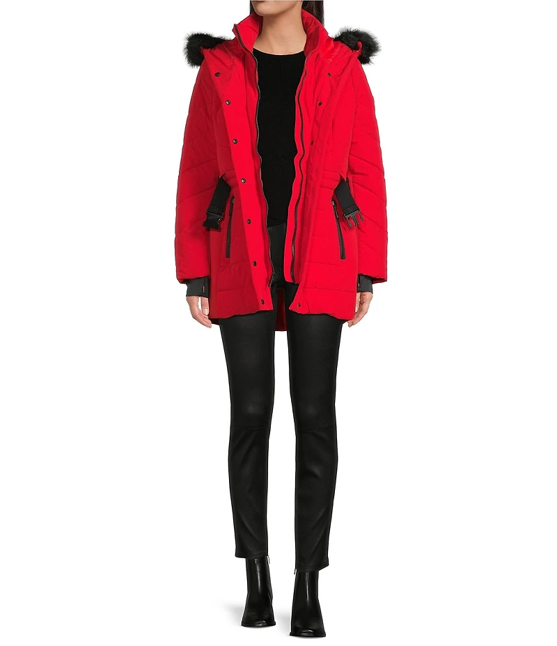 MICHAEL Michael Kors Faux Fur Strip Hooded Stand Collar Snap Front Active Jacket