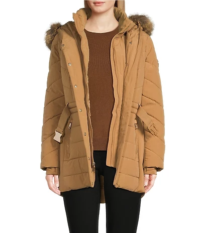 MICHAEL Michael Kors Faux Fur Strip Hooded Stand Collar Snap Front Active Jacket