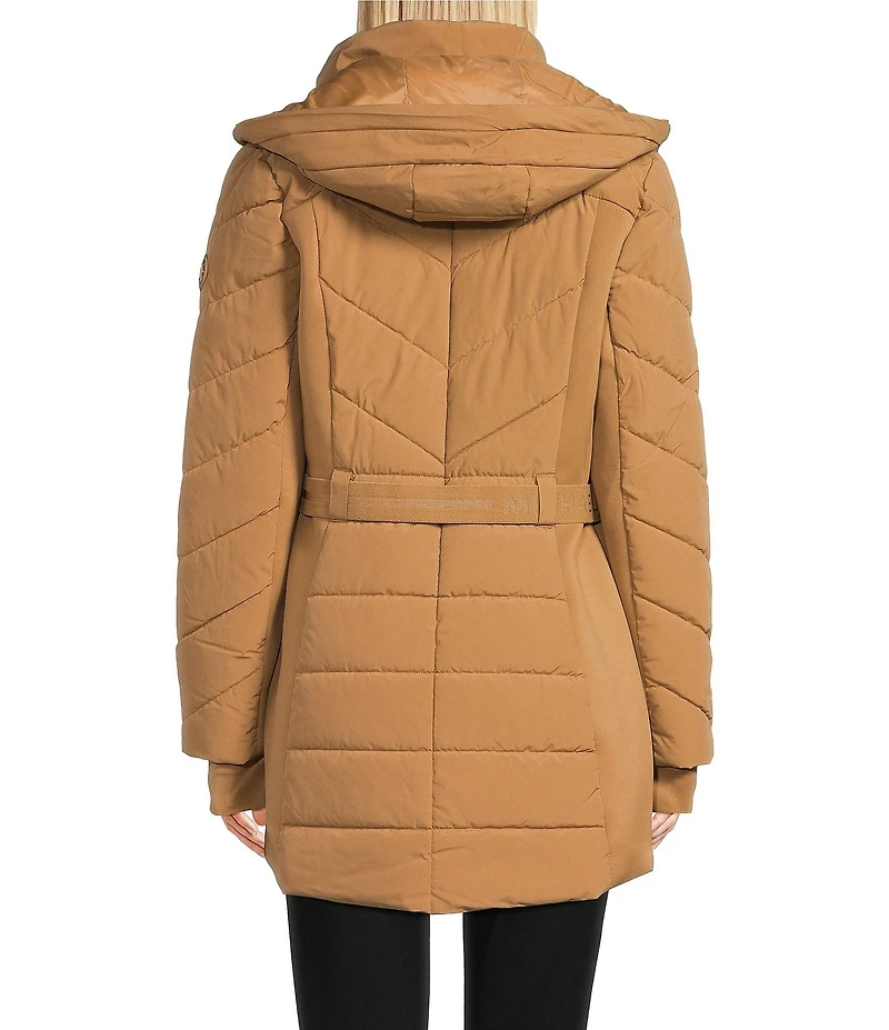 MICHAEL Michael Kors Faux Fur Strip Hooded Stand Collar Snap Front Active Jacket