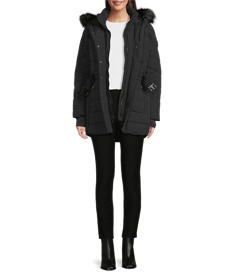 MICHAEL Michael Kors Faux Fur Strip Hooded Stand Collar Snap Front Active Jacket