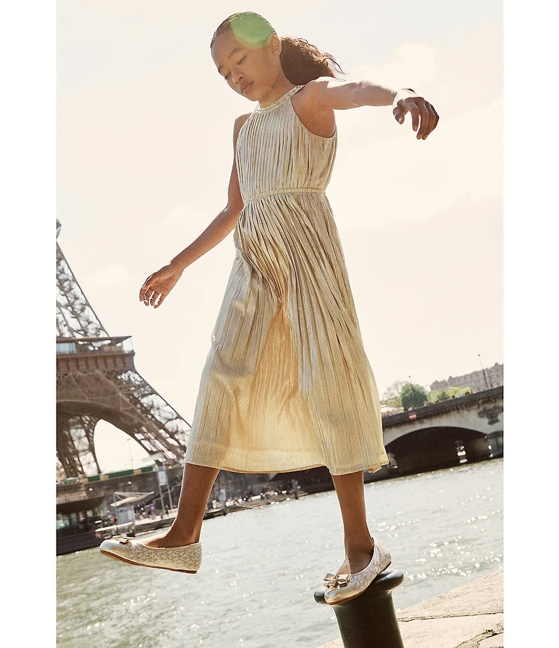 MICHAEL Michael Kors Girls' Kenya Metallic Logo Padlock Hardware Bow Detail Ballet Flats (Youth)