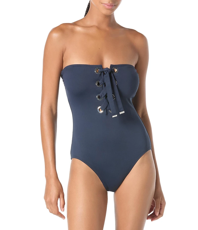 MICHAEL Michael Kors Grommet Lace Up Strapless Soft Cup On-Piece Swimsuit